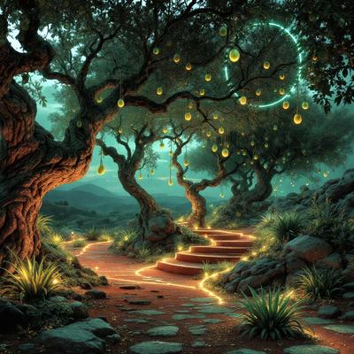 The primary subject of the image is a pathway leading through a forest. The setting is a lush, green forest with trees and rocks. The visual style is a digital art illustration, creating a serene and magical atmosphere. The colors are predominantly green, with some red and yellow accents, giving the scene a warm and inviting feel.